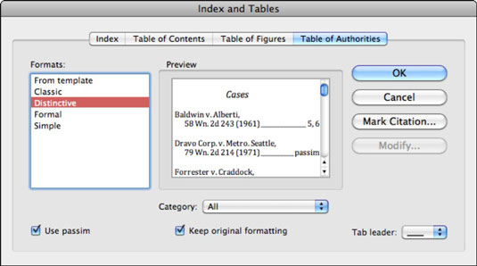 Microsoft word how to create table of authorities